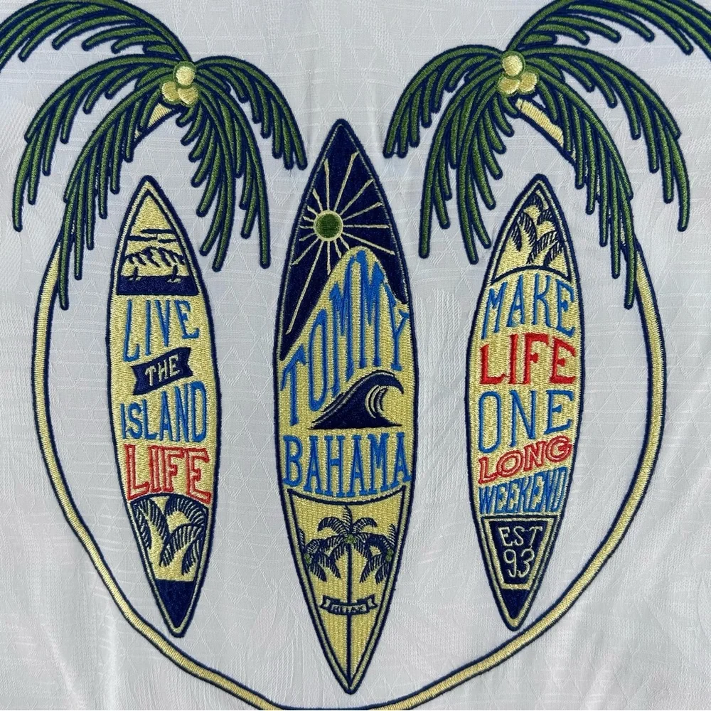 Tommy Bahama Silk Embroidered Shirt XL Triple Surfboards Palm Trees Island Life - Picture 12 of 12